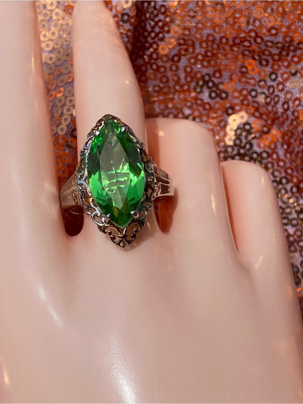 Poison Crown Chartreuse Quartz Ring | Art Deco Marquise Statement Sz 11